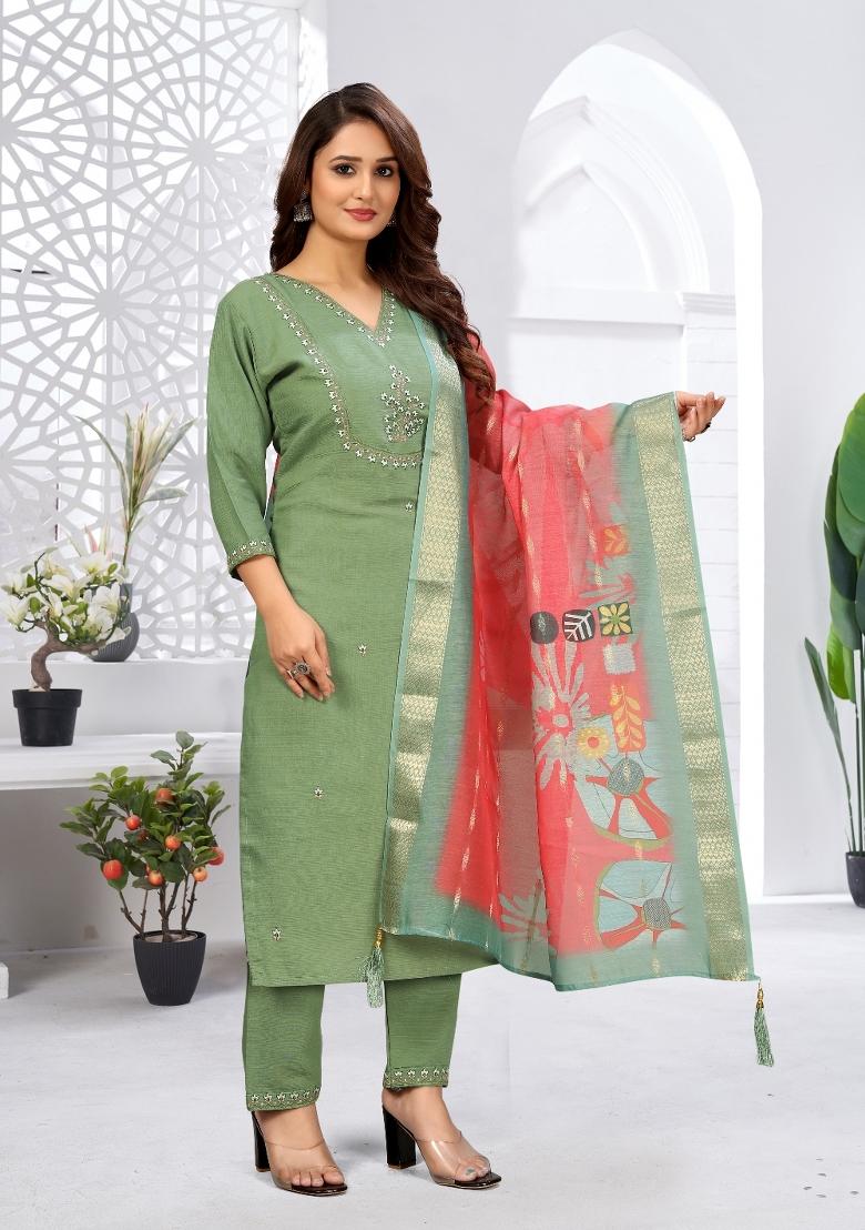 Light Parrot Green Embroidery Rayon Kurta Set - Indya