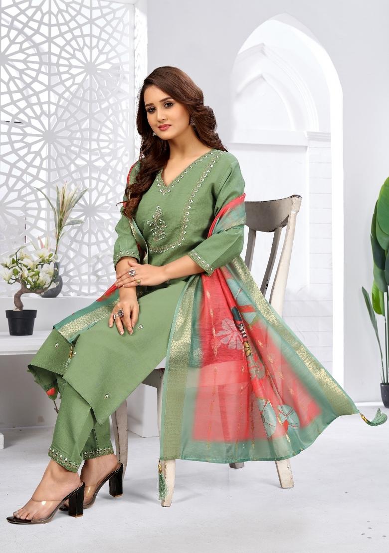 Light Parrot Green Embroidery Rayon Kurta Set - Indya