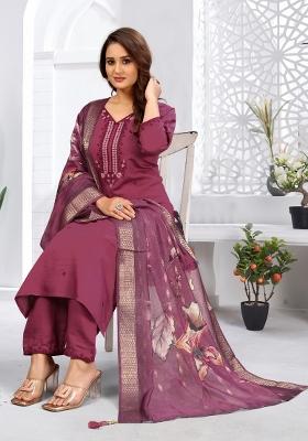 Light Wine Embroidery Rayon Kurta Set