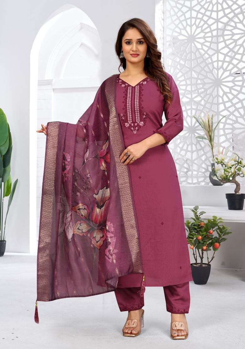 Light Wine Embroidery Rayon Kurta Set - Indya
