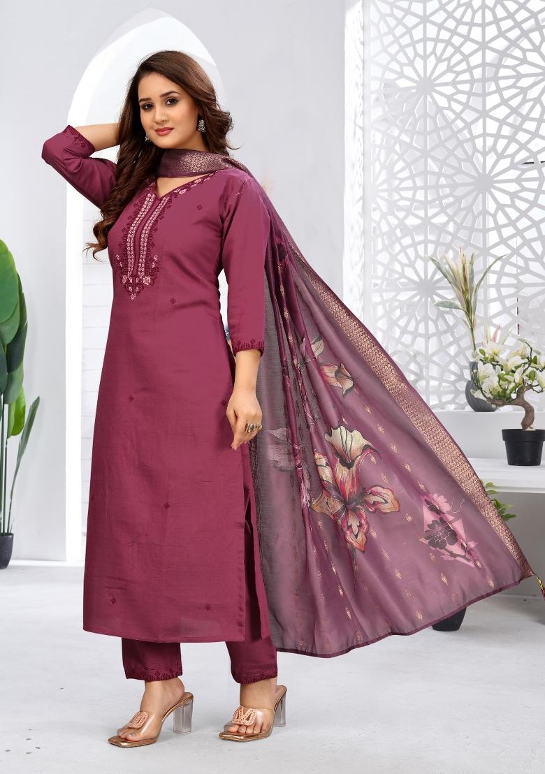 Light Wine Embroidery Rayon Kurta Set - Indya