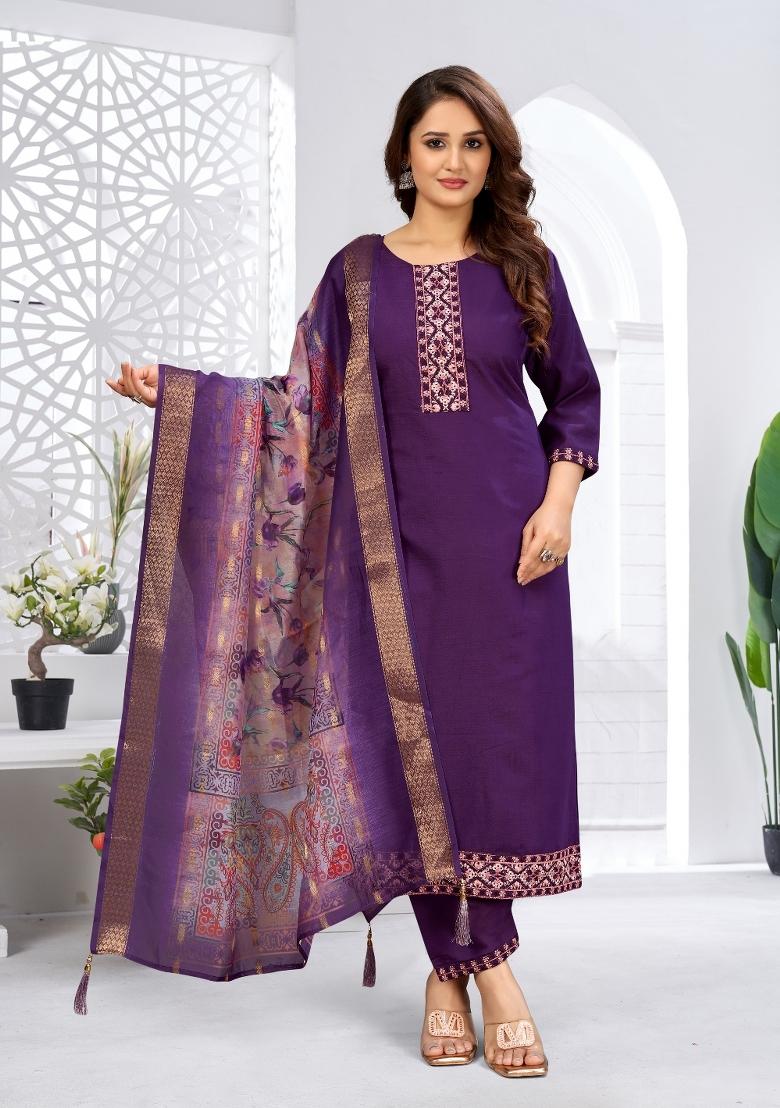 Purple Embroidery Rayon Kurta Set - Indya