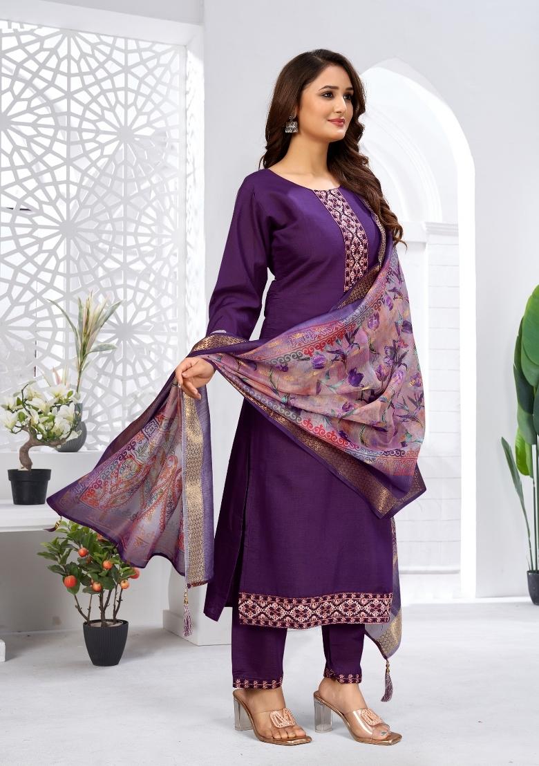 Purple Embroidery Rayon Kurta Set - Indya