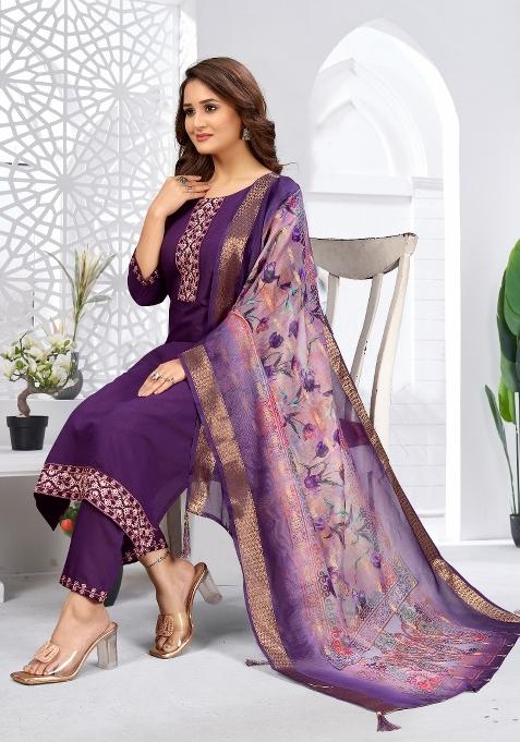 Purple Embroidery Rayon Kurta Set