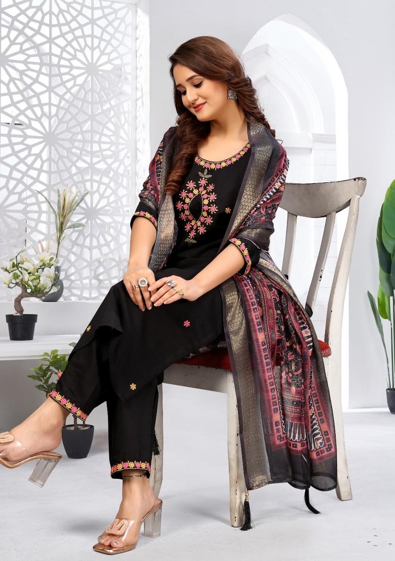 Black Embroidery Rayon Kurta Set - Indya