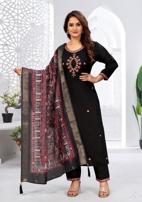 Black Embroidery Rayon Kurta Set