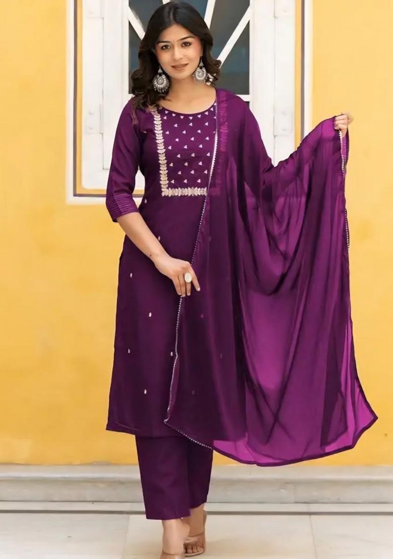 Wine Embroidery Rayon Kurta Set - Indya