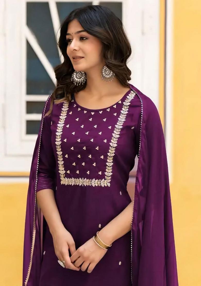 Wine Embroidery Rayon Kurta Set - Indya
