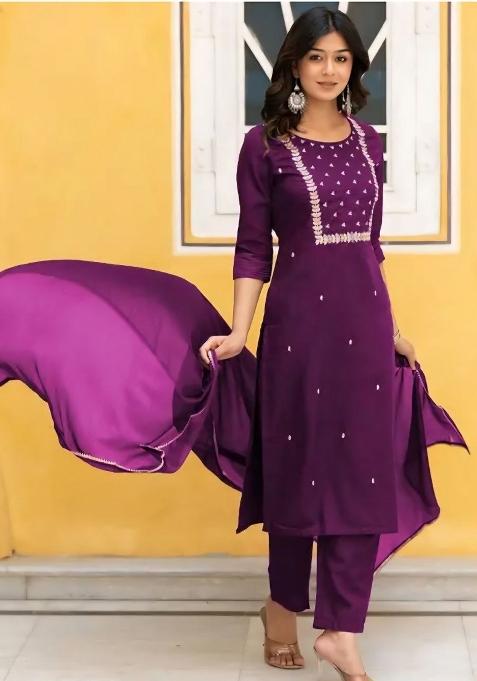 Wine Embroidery Rayon Kurta Set