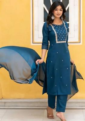Blue Embroidery Rayon Kurta Set