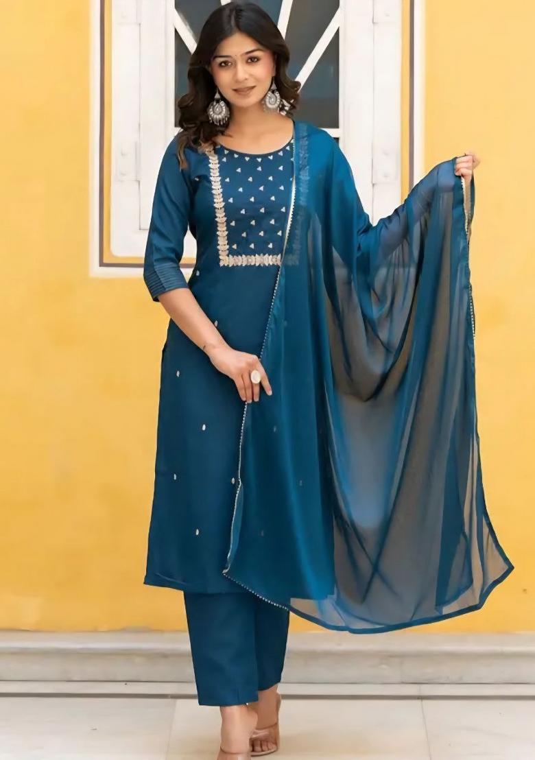 Blue Embroidery Rayon Kurta Set - Indya