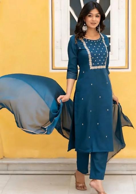 Blue Embroidery Rayon Kurta Set