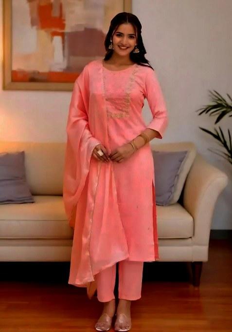 Peach Embroidery Rayon Kurta Set