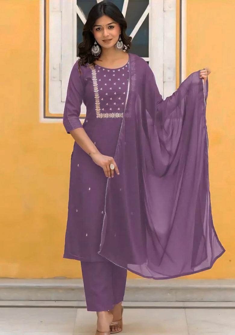 Lavender Embroidery Rayon Kurta Set - Indya