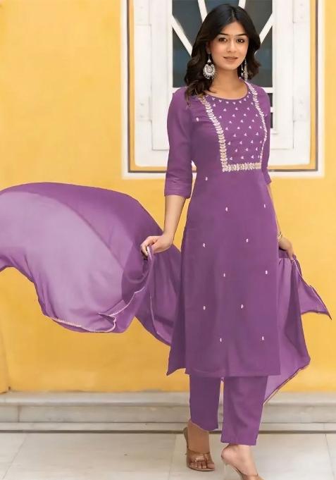 Lavender Embroidery Rayon Kurta Set