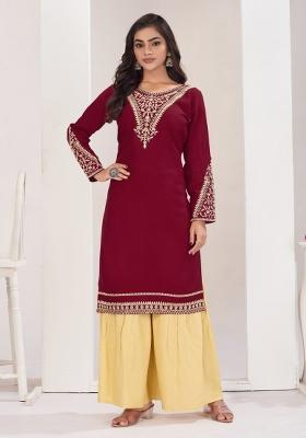 Maroon Embroidery Rayon Kurta Set