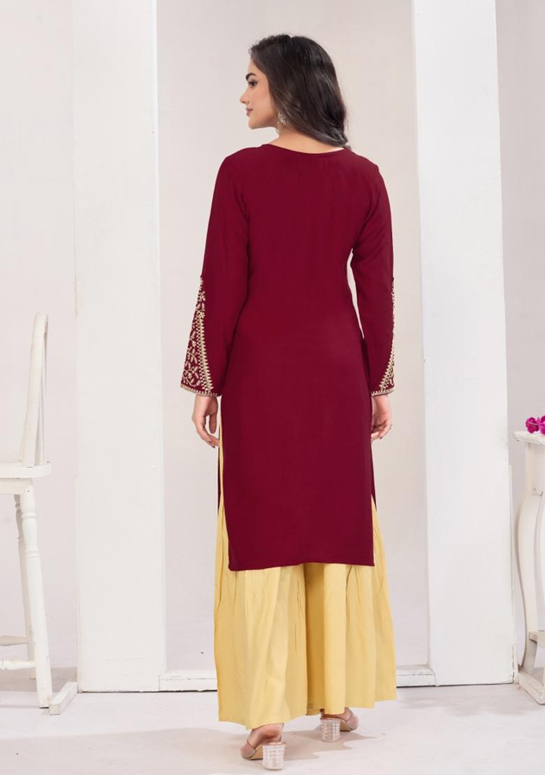 Maroon Embroidery Rayon Kurta Set - Indya