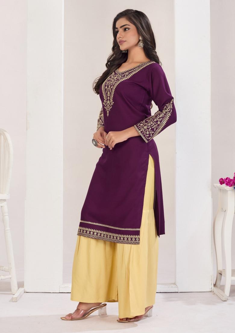 Purple Embroidery Rayon Kurta Set - Indya