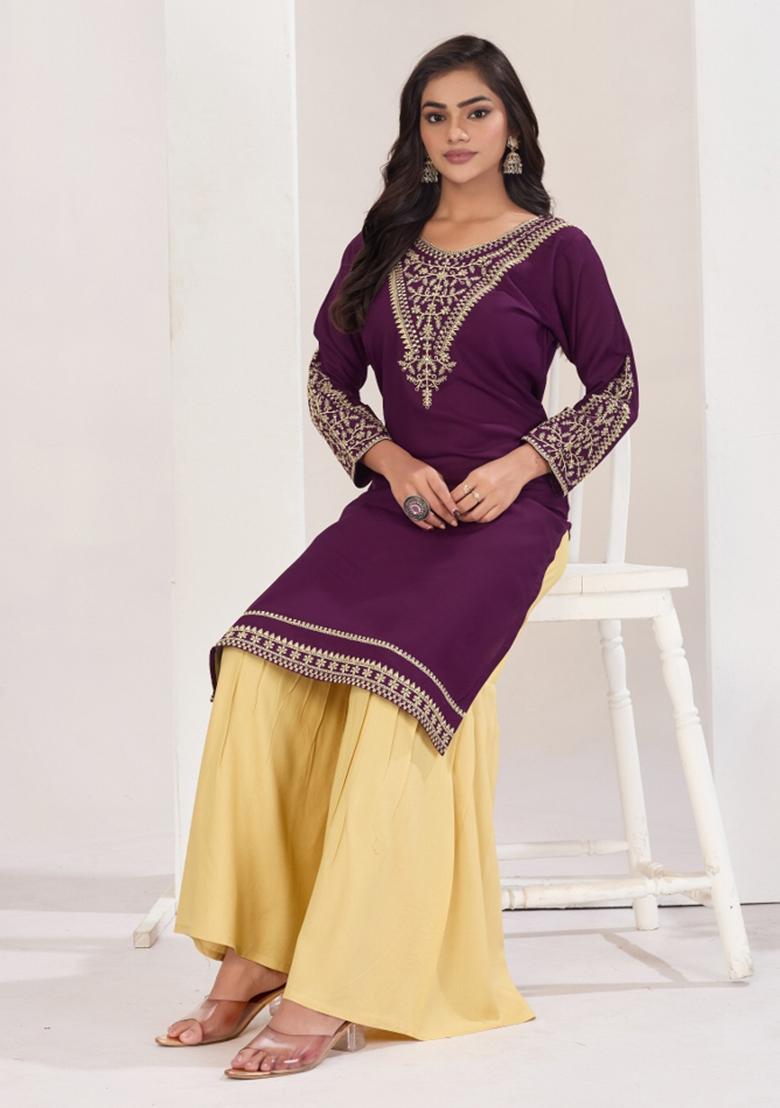 Purple Embroidery Rayon Kurta Set - Indya