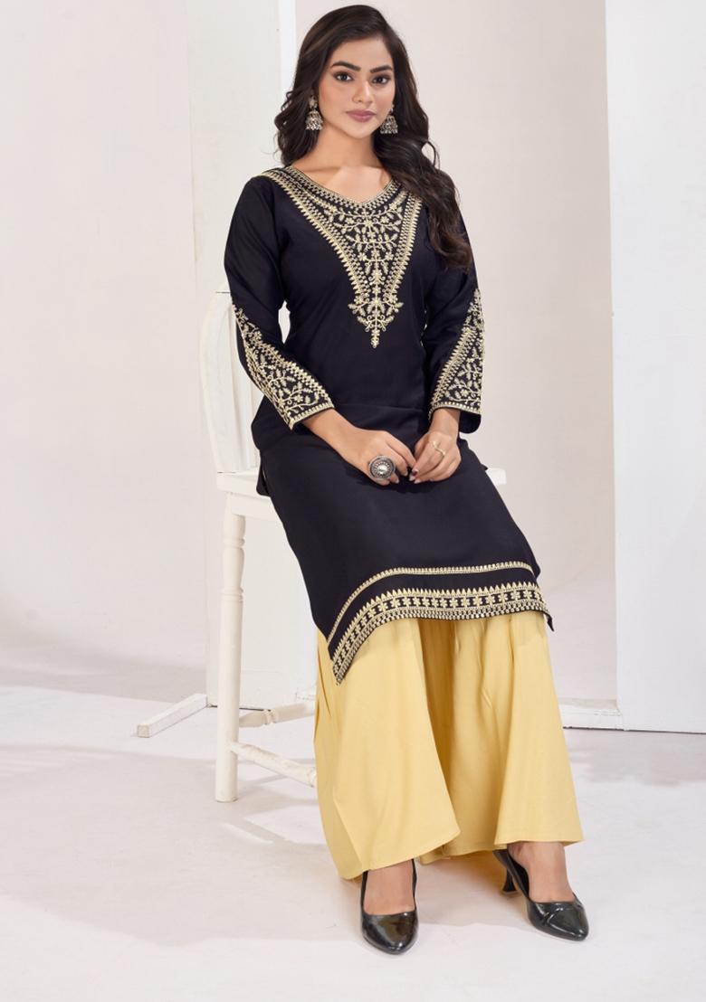 Black Embroidery Rayon Kurta Set - Indya
