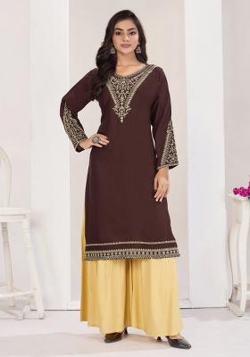 Coffee Embroidery Rayon Kurta Set