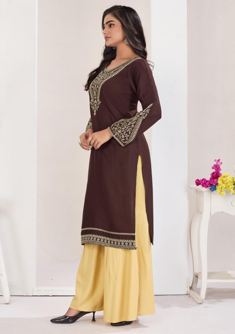 Coffee Embroidery Rayon Kurta Set - Indya