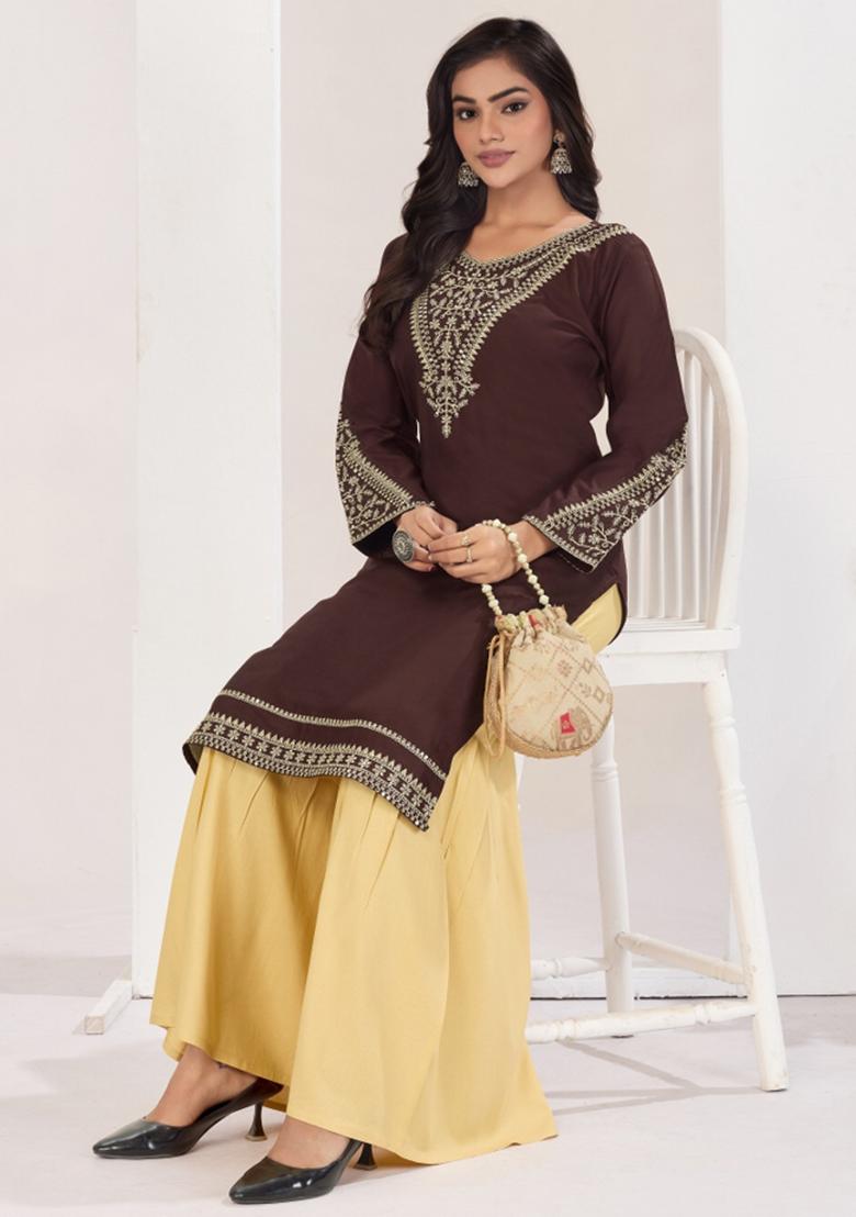 Coffee Embroidery Rayon Kurta Set - Indya