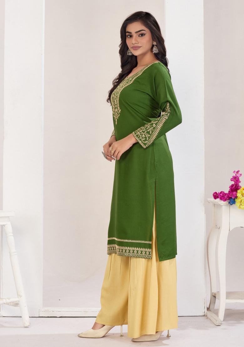 Light Green Embroidery Rayon Kurta Set - Indya