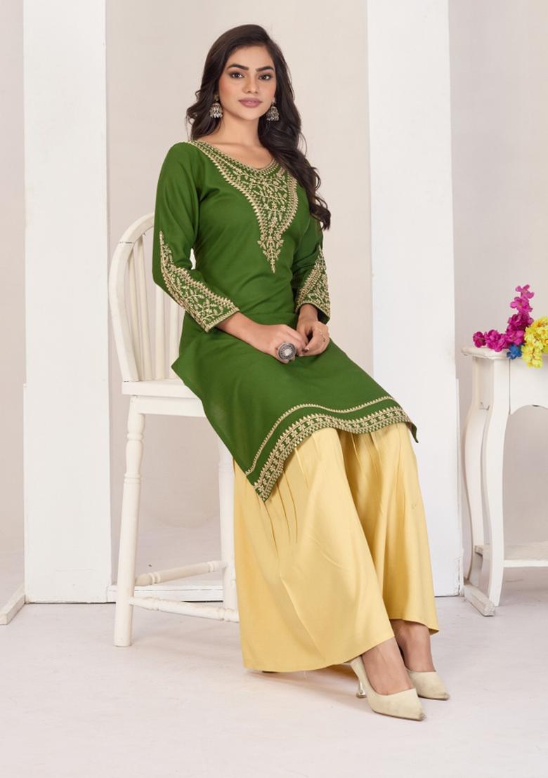 Light Green Embroidery Rayon Kurta Set - Indya