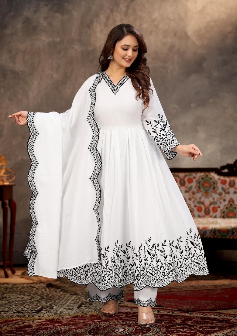White Embroidery Cambric Kurta Set - Indya