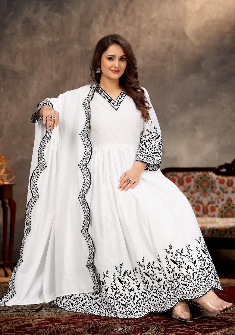 White Embroidery Cambric Kurta Set - Indya