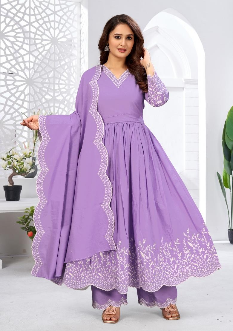 Light Lavender Embroidery Cambric Kurta Set - Indya