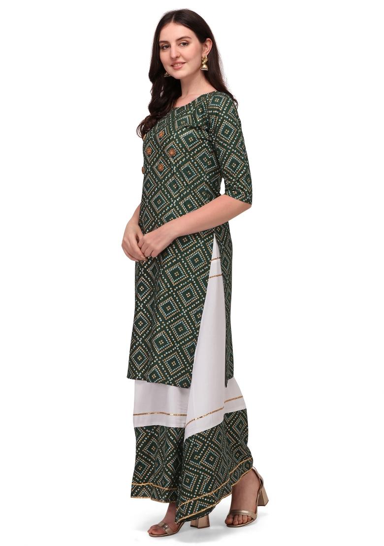 Dark Green Embroidery Rayon Kurta Set - Indya