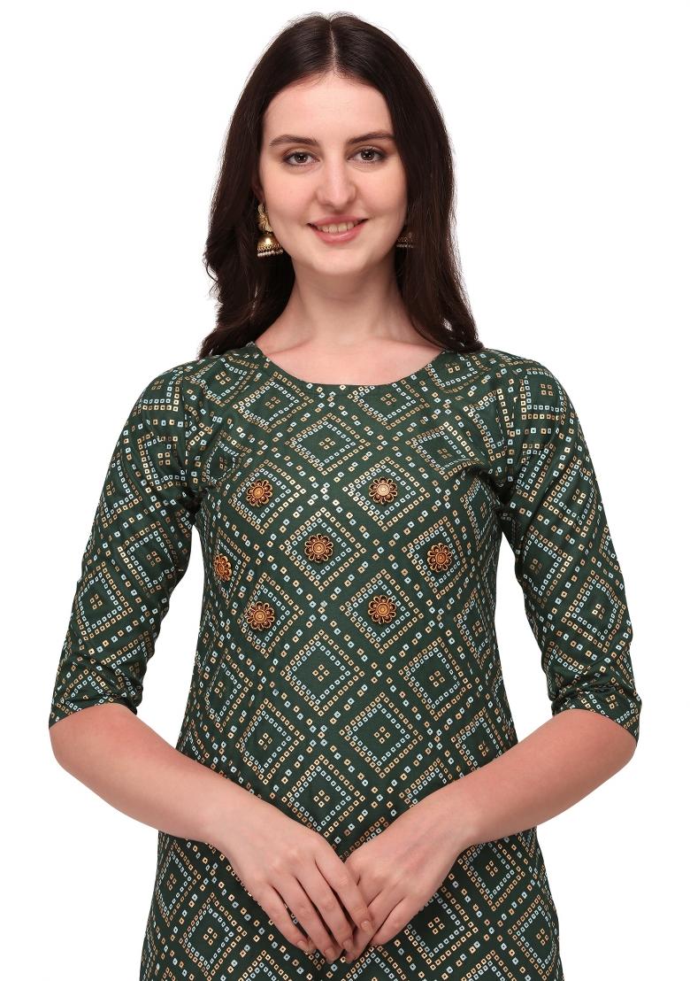 Dark Green Embroidery Rayon Kurta Set - Indya