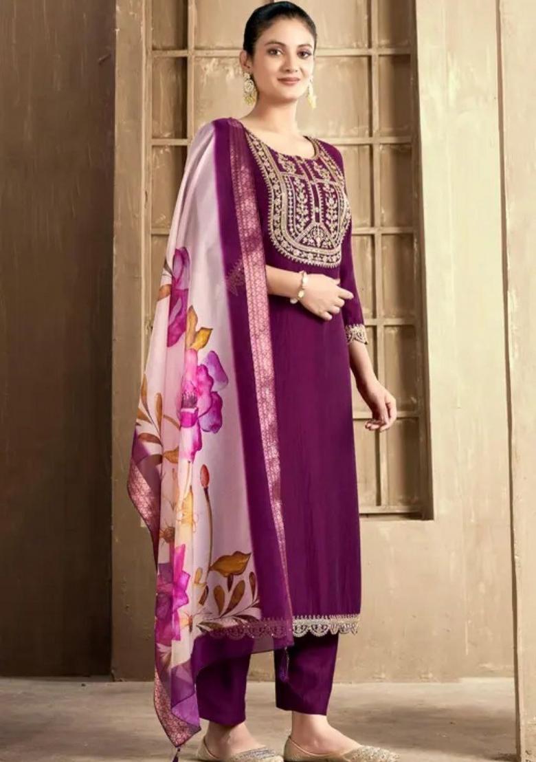 Purple Embroidery Rayon Kurta Set - Indya