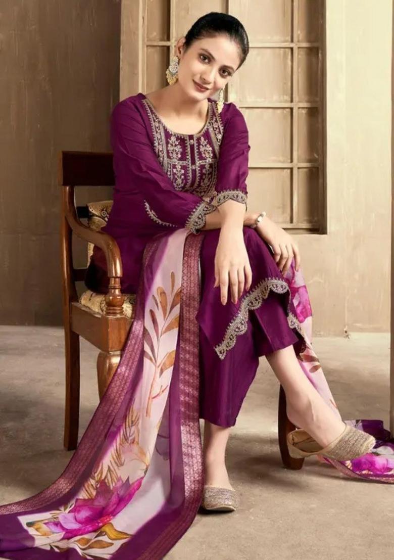 Purple Embroidery Rayon Kurta Set - Indya