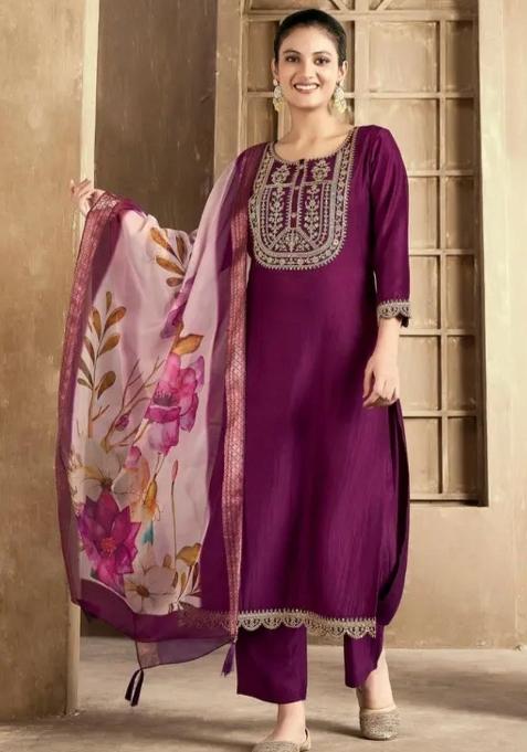 Purple Embroidery Rayon Kurta Set