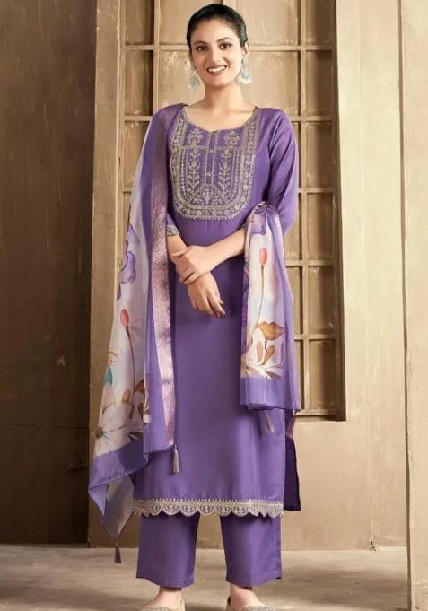 Light Lavender Embroidery Rayon Kurta Set