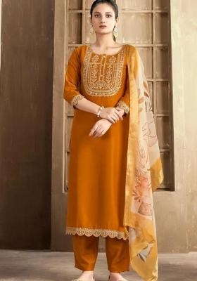Mustard Embroidery Rayon Kurta Set