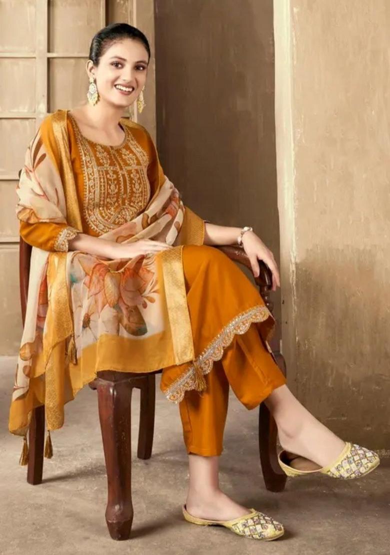 Mustard Embroidery Rayon Kurta Set - Indya