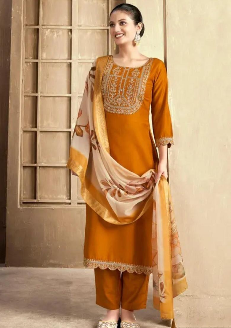 Mustard Embroidery Rayon Kurta Set - Indya