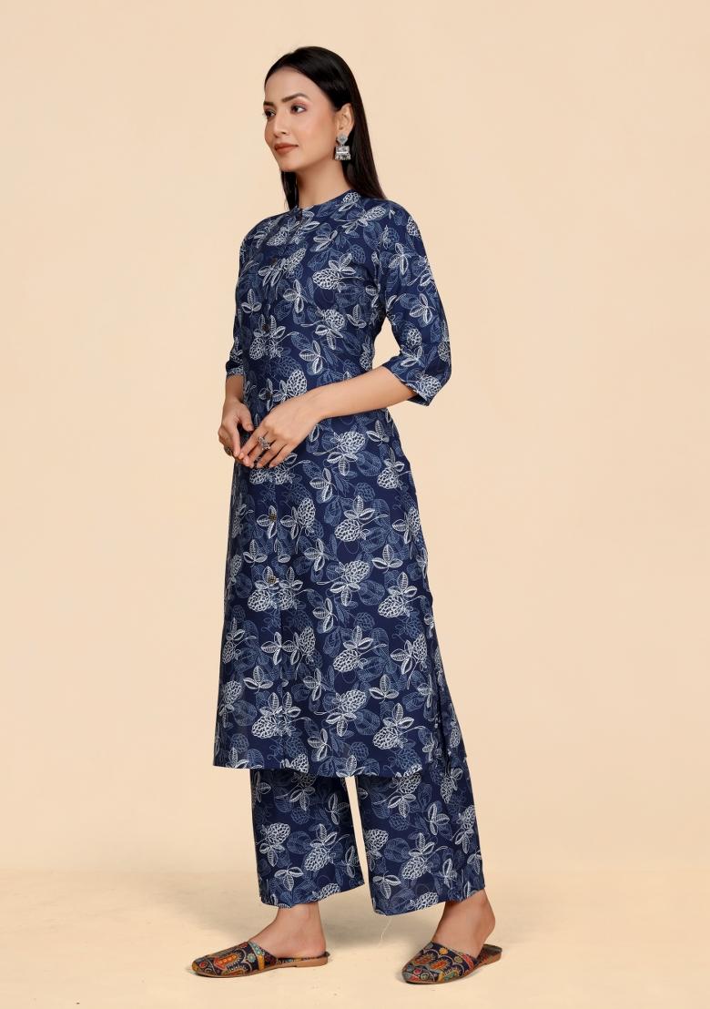 Blue Embroidery Viscose Kurta Set - Indya