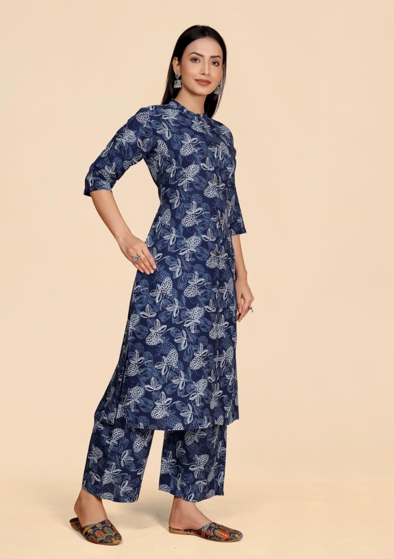 Blue Embroidery Viscose Kurta Set - Indya
