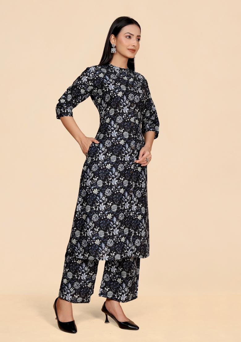 Dark Blue Embroidery Viscose Kurta Set - Indya