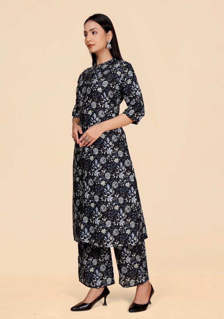 Dark Blue Embroidery Viscose Kurta Set - Indya