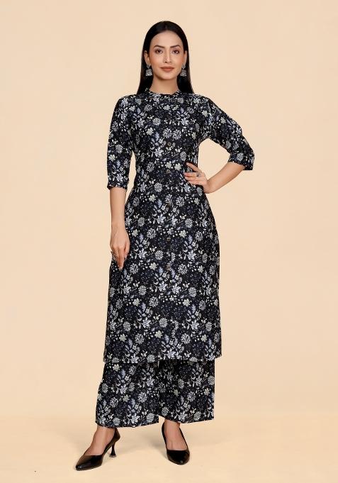 Dark Blue Embroidery Viscose Kurta Set