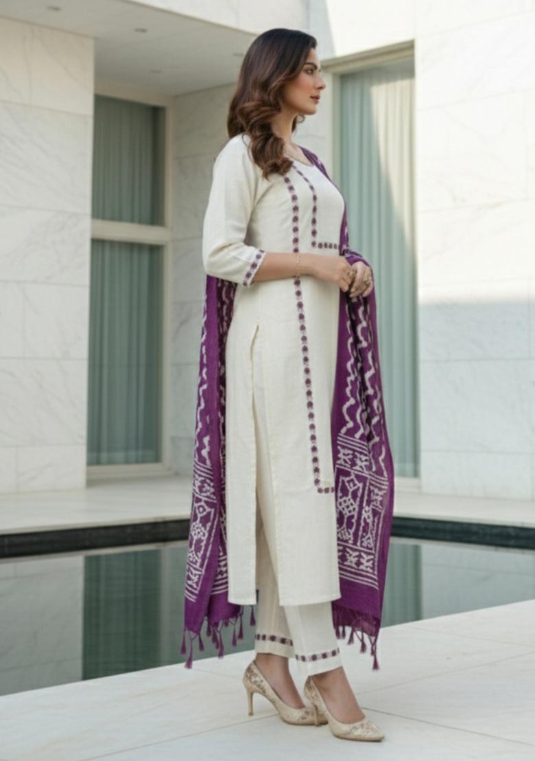 White Embroidery Khadi Cotton Kurta Set - Indya