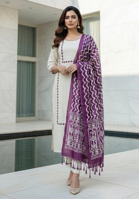 White Embroidery Khadi Cotton Kurta Set