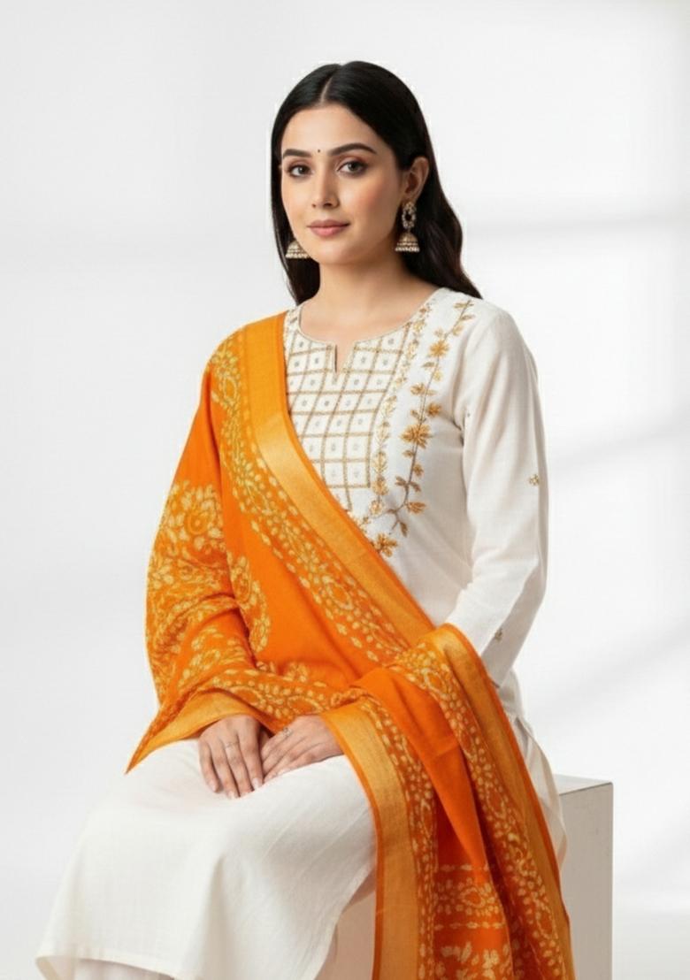 White Embroidery Khadi Cotton Kurta Set - Indya