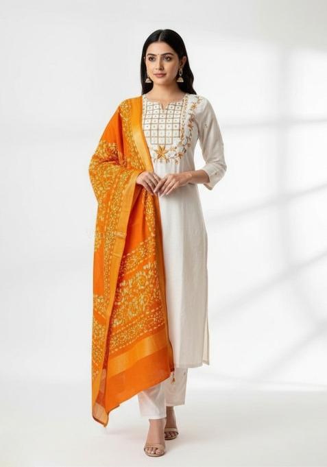 White Embroidery Khadi Cotton Kurta Set